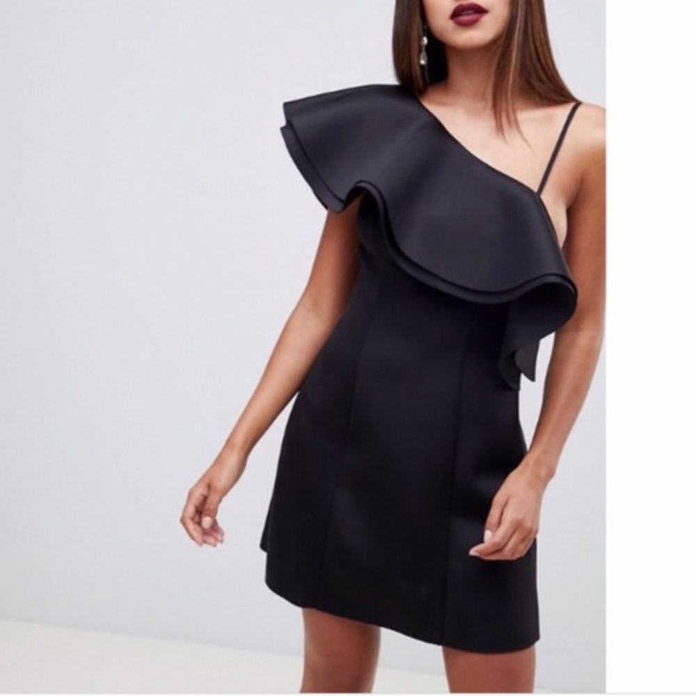 Dress-12 Black Scuba One Ruffle Shoulder Mini Party Holiday Semi Formal Party - Picture 1 of 4